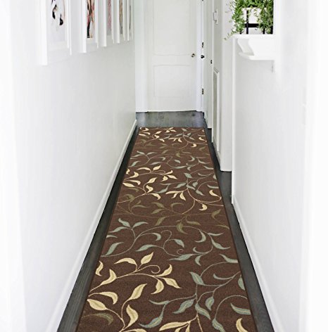 Ottomanson Otto Home Contemporary Leaves Design Modern Runner Rug with Non-SkidRubber Backing, Chocolate, 22" L x 84" W