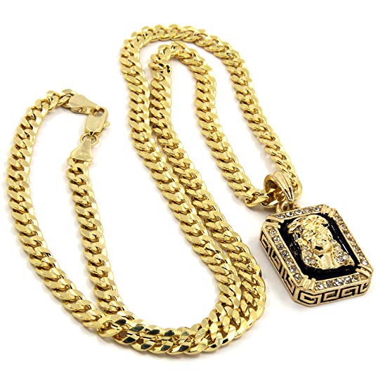 Mens Gold Plated Hip-Hop Iced Cz Black Ruby Jesus Face Pendant 5mm 24" Cuban Chain Necklace D541