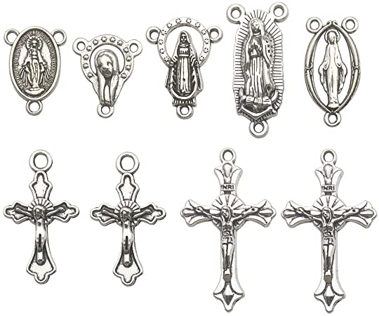 100g (60pcs) Antique Silver Cross Jesus Maria Our Lady Miraculous Centerpiece Crucifix Medal Charms Pendants for Crafting, Jewelry Findings Making Accessory For DIY Rosary Necklace Bracelet (M154)