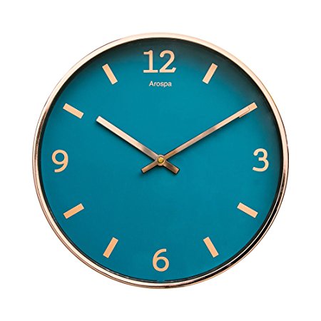 Luxury Modern 12” Silent Non-Ticking Wall Clock with Rose Gold Frame (Blue Shore)