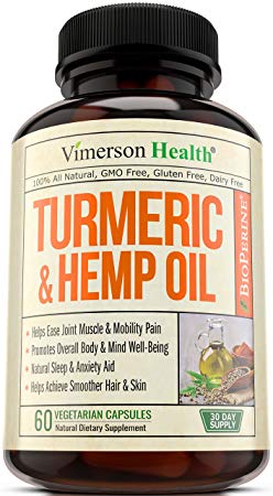 Turmeric Curcumin with Hemp Oil Powder & Bioperine - Joint Pain Relief, Anti Inflammatory & Anti Anxiety - Stress & Sleep Support Supplement with 95% Curcuminoids & Black Pepper - 60 Capsules.