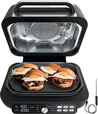 Ninja IG651 Foodi Smart XL Pro 7-in-1 Indoor Grill/Griddle Combo, use Opened or Closed, with Griddle, Air Fry, Dehydrate & More, Pro Power Grate, Flat Top Griddle, Crisper, Smart Thermometer, Black