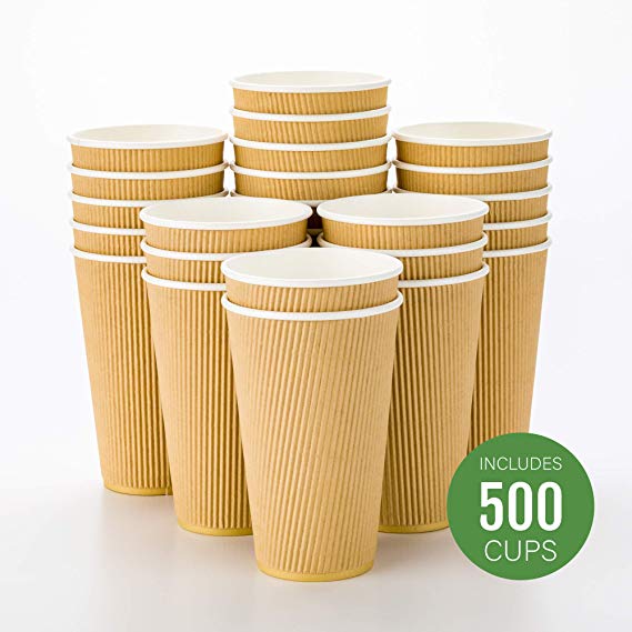 500-CT Disposable Kraft 16-OZ Hot Beverage Cups with Ripple Wall Design: No Need for Sleeves – Perfect for Cafes – Eco-Friendly Recyclable Paper – Insulated – Wholesale Takeout Coffee Cup