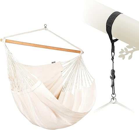 LA SIESTA® - XL King Habana Cotton Hammock Chair & TreeMount - Hanging Hammock Chair w/Suspension Kit for Trees Beams & Posts - Indoor Outdoor Swing Hanging Chair for Bedroom Patio Balcony - Latte