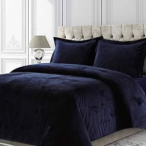 Tribeca Living Venice Velvet Oversized Duvet Set, Luxurious 2-Piece Twin Bedding, Super Soft Velvet with Hidden Button Closure, Indigo