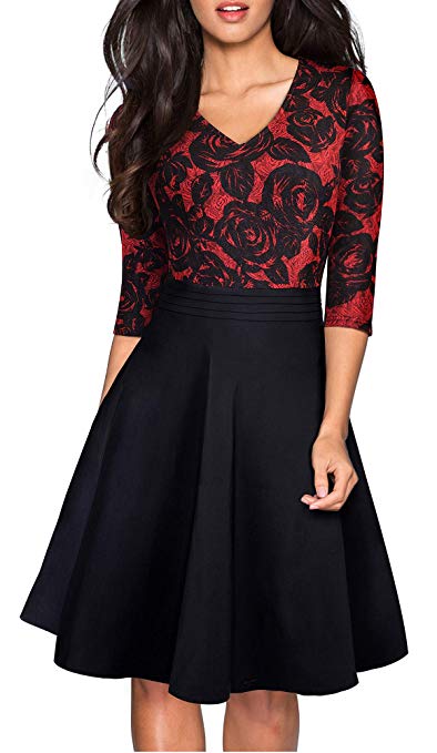 HOMEYEE Women's Chic V-Neck Lace Patchwork Flare Party Dress A062