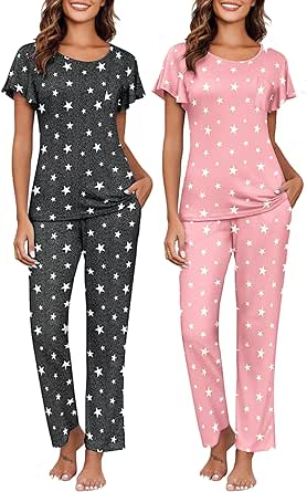 Ekouaer 2 Pack Womens Pajama Sets Short Sleeve with Long Pajama Pant Set Soft Sleepwear Printed Pj Lounge Sets with Pockets