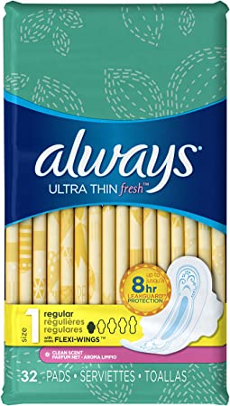 Always Ultra Thin Feminine Pads for Women, Size 1, Regular Absorbency, with Wings, Scented, 32 Count - Pack of 6 (192 Total Count)