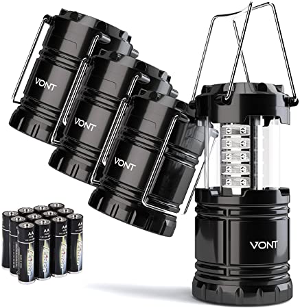 Vont 4 Pack LED Camping Lantern, Survival Kit for Hurricane, Emergency, Storm, Outages, Outdoor Portable Lantern, Black, Collapsible (Batteries Included)