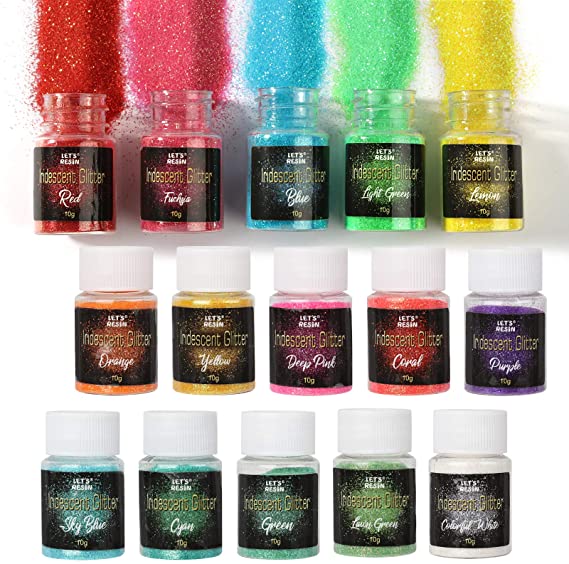 LET'S RESIN Iridescent Fine Glitter, 15 Colors Rainbow Mixed Glitter for Resin Crafts, Sparkle Glitter Powder for Tumbler/Slime/Nail Art