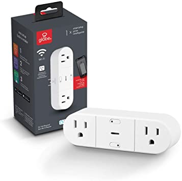 Globe Electric Wi-Fi Smart Plug, No Hub Required, Voice Activated, 2 Independently Controlled Grounded Outlets, White (1-Pack, 15A) 50020