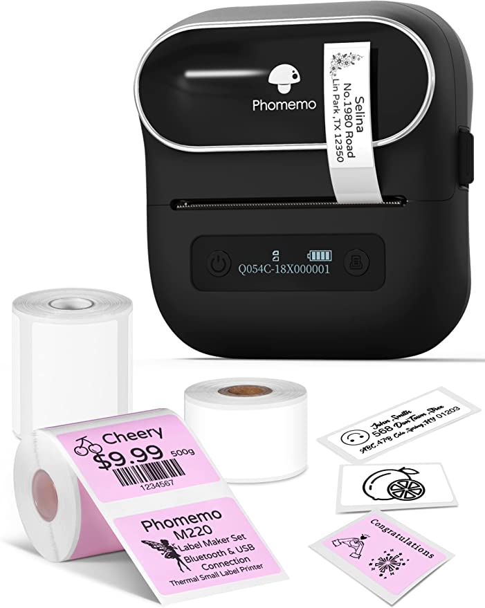 Phomemo M220 Label Maker,3.14 Inch Barcode Label Printer,Portable Thermal Printer,Bluetooth Label Maker with Tape (Address Label,Pink Label, White Label) for Mailing,Name,Home,Office,School