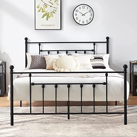 VECELO Queen Size Bed Frame Metal Platform Mattress Foundation with Headboard Footboard,Victorian Vintage Style,Easy Assemble,Black