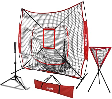 ZENY 7'X7' Baseball Softball Practice Net and Batting Tee Ball Caddy Combo Practice Net with Strike Zone Hitting Pitching Fielding Throwing