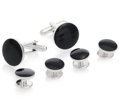 Cufflinks and Studs Set for Tuxedo - Formal Black with Shiny Silver Trimming