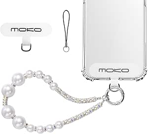 MoKo Pearl Beaded Phone Wrist Strap, Universal Phone Charm Phone Lanyard with Tether Tab, Detachable Hands-free Cell Phone Wristlet Strap for iPhone, Most Smartphones, White