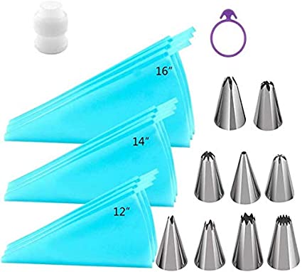 Piping Bags, QMOEH 36pcs Pastry Bags Sets with 9pcs 3 Sizes (12” 14” 16”) Reusable Silicone Icing Pastry Bags, 9 Different Icing Bags Tips, 9 Piping Bags Couplers and 9 Frosting Bags Ties
