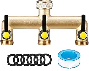 IPOW 3 Way 100% Brass Heavy Duty Garden Hose Splitter, 3/4" Spigot Faucet Connectors with 6 Rubber Hose Washers and Comfort Grip Use, Hose Pipe Tap Splitter for Garden Outdoor Home