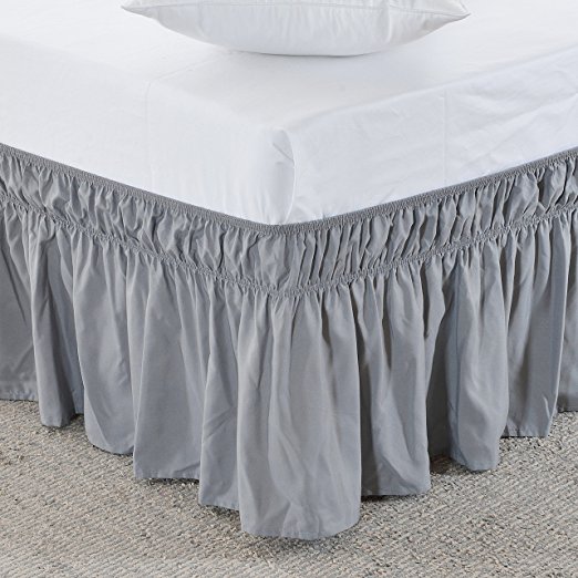 MEILA Three Fabric Sides Wrap Around Elastic Solid Bed Skirt, Easy On/Easy Off Dust Ruffled Bed Skirts 16 Inch Tailored Drop (Grey Twin/Full)