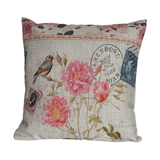 Createforlife Home Decor Cotton Linen Square Throw Pillowcase Cushion Cover Pillow Shams Bird Pretty Pink Blossoms 18" x 18"