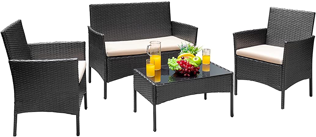 Greesum GS-4RCS0BG 4 Pieces Patio Outdoor Rattan Furniture Sets, Black and Beige