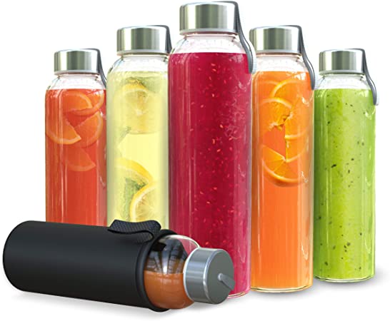 Chef's Star Glass Water Bottles - 6 Pack of Glass Bottles with Caps - 18 oz Juice Bottles- Protection Sleeve Included - Featuring Stainless Steel Leak-Proof Lids with Carrying Strap