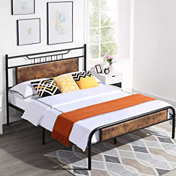 VECELO Full Size Bed Frame with Wooden Headboard, Metal Platform Bed Frame with Footboard,No Box Spring Needed,Sturdy Steel Structure,14 Strong Steel Slat Support, Easy Assembly/Rustic Brown