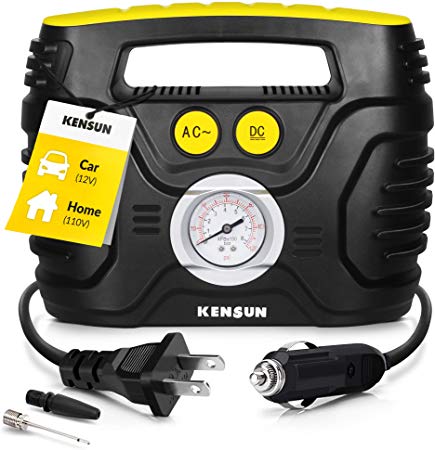 Kensun Portable Air Compressor Pump for Car 12V DC and Home 110V AC Swift Performance Tire Inflator 100 PSI for Car - Bicycle - Motorcycle - Basketball and Others with Analog Pressure Gauge (AC/DC)