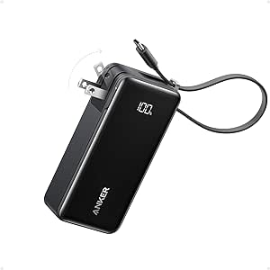 Anker 3-in-1 Power Bank, 10,000mAh Portable Charger with Built-in USB-C Cable and Foldable AC Plug, 30W Max Compact Battery Pack, for iPhone 15 Series, Galaxy, MacBook, and More