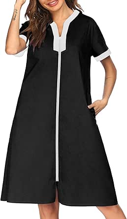 Ekouaer Housecoat Women Zipper Front Duster Robe Short Sleeve Lounger Housedress Pockets Nightgown Casual Nights S-XXXL