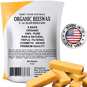 Made in the USA 100% Organic Beeswax 8 x 1 oz Bars Hand Poured Premium Quality Cosmetic Grade Triple Filtered Beeswax Bars By Mary Tylor Naturals Great for DIY Lip Balms Body Creams Lotions Deodorants