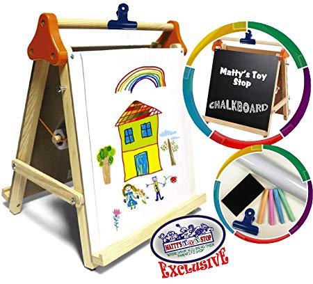 Matty's Toy Stop Deluxe 3-in-1 Wooden Tabletop Easel with Blackboard, Dry Erase, Paper Roll, Paper Clip & Accessories Exclusive
