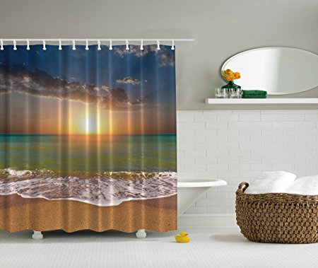 Beach Sunset Print Extra Long 84 Inch Shower Curtain Polyester Fabric Navy Gray Yellow Orange Turquoise Khaki White