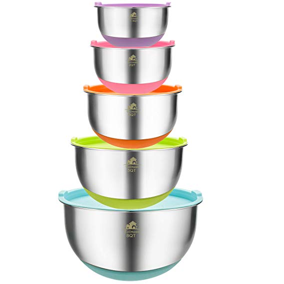 Estmoon Mixing Bowls Set of 5 - Premium Stainless Steel Nesting Mixing Bowls with Lids, Non-Slip Colorful Silicone Bottom, for Healthy Meal Mixing, Stackable Storage (1.5, 2.0, 3.0, 5.0, 8.0 qt)