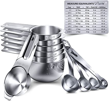 U-Taste Measuring Cups and Spoons Set of 15 in 18/8 Stainless Steel, 7 Measuring Cups and 7 Measuring Spoons with 2 D-Rings and 1 Professional Magnetic Measurement Conversion Chart