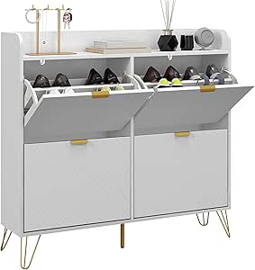 HOMCOM Shoe Cabinet with 4 Flip Drawers, Hallway Shoe Storage Cabinet with Adjustable Shelves, Hairpin Legs and 4 Vents for 16 Pairs of Shoes, White