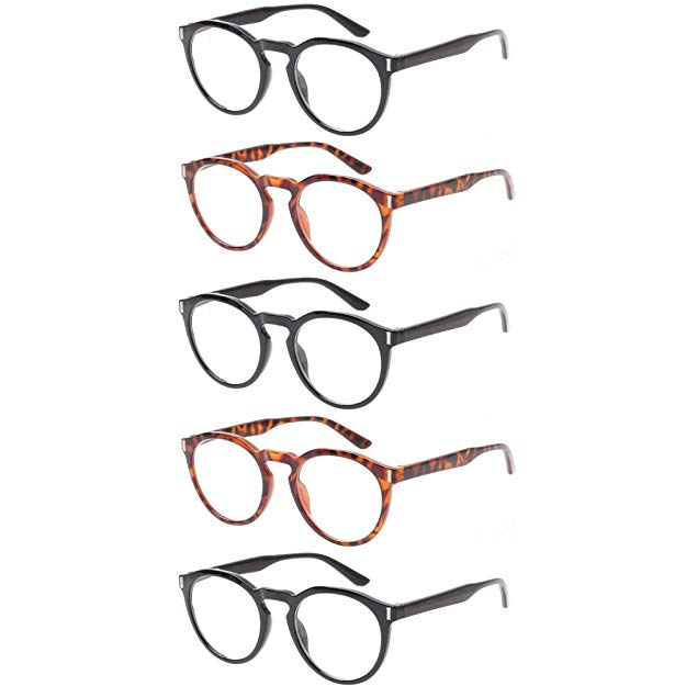 Reading Glasses 5 Pack Fashion Large Round Readers Quality Spring Hinge Glasses for Reading