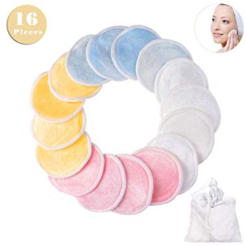 Reusable MakeUp Remover Pads 16 Packs Washable Round Bamboo Cotton Pads With Laundry Bag Facial Cleansing Cloths for Women Face/Eye/Lip Clean Wipes