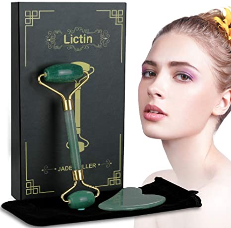 Lictin Jade Roller-Jade Face Roller Gua Sha Massager Kit Face Anti Aging Scraping Massage Tool Set Anti Aging Jade Roller Set Jade Stone Skincare Massage Tool (Green)