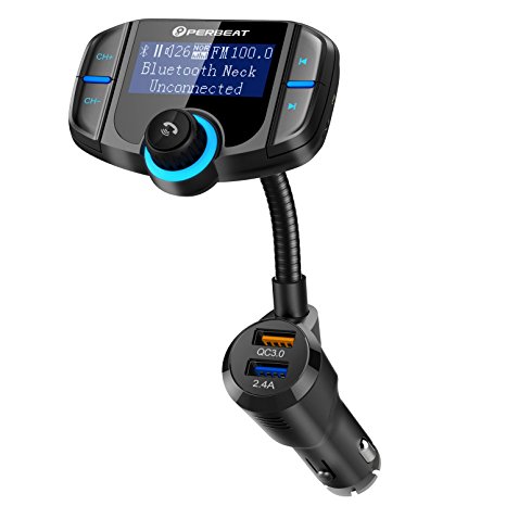 Perbeat Bluetooth FM Transmitter Wireless Fast Charger Car Adaptor for Car with QC3.0 USB MP3 Player 1.7Inch Display Flexible Goose-Neck Micro SD Reader AUX In/Out for iPhone 7 iPad Samsung