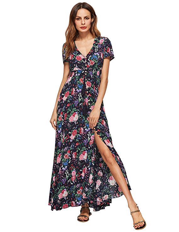 Milumia Women's Button Up Split Floral Print Flowy Party Maxi Dress