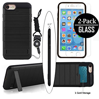 iPhone 7 Case, Cxy iPhone 7 Wallet Case with Kickstand  2-Pack iPhone7 Glass Screen Protector Film  1 Phone Lanyard - Slim and Hybrid Drop Protection Kit Bundle[Reinforced Shockproof Bumper] (Black)