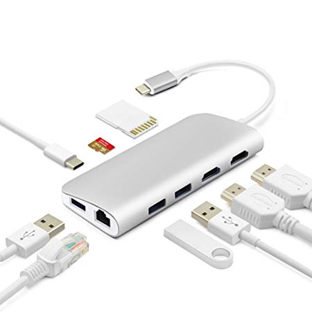 Ansbell USB C Hub Adapter, 9 in 1 Multi-Port Type C Hub dual 4K HDMI,1000M Ethernet Port,3 USB 3.0 Ports, SD/TF Card Reader,USB-C Charging Port MacBook Pro, Chromebook Pixel more USB C