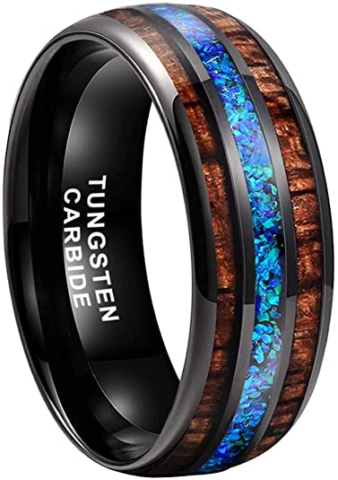 iTungsten 8mm Silver Black Tungsten Rings for Men Women Wedding Bands Blue Green Galaxy Opal Lapis Malachite Koa Wood Inlay Domed Polished Comfort Fit