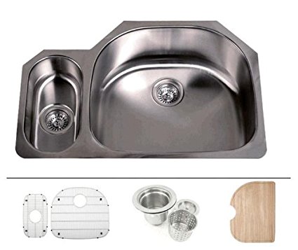 32 Inch Stainless Steel Undermount 20/80 Double D-Bowl Offset Kitchen Sink - 16 Gauge FREE ACCESSORIES
