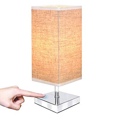 ZEEFO Touch Control Sensor Table Lamp, Simple Design Bedside Table Lamp with Touch Function, Sliver Base and Fabric Shade Desk Lamp is Perfect for Bedroom, Living Room, Guest Room, Office (Square)