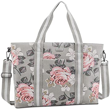 MOSISO Laptop Tote Bag for Women (17-17.3 inch), Canvas Rose Multifunctional Work Travel Shopping Duffel Carrying Shoulder Handbag Compatible with MacBook, Notebook and Chromebook, Grey