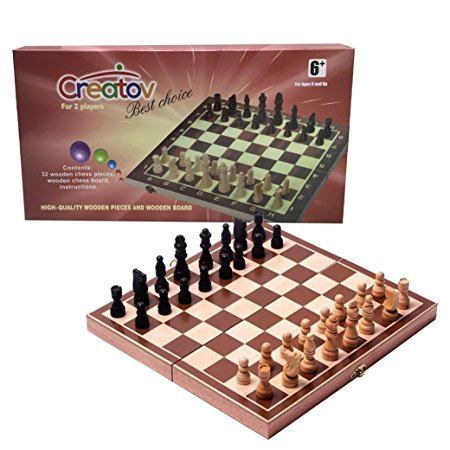 Chess Board Set, Deluxe Folding Tournament Game Board with Storage Bags and Genuine Intricately Carved Stained Wood Pieces, Great for Travel By Creatov®
