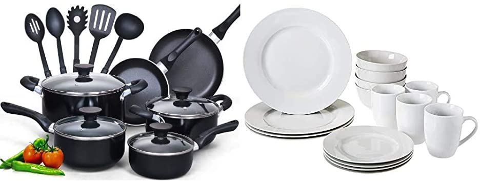 Cook N Home 15-Piece Nonstick Stay Cool Handle Cookware Set, Black & AmazonBasics 16-Piece Kitchen Dinnerware Set, Plates, Bowls, Mugs, Service for 4, White