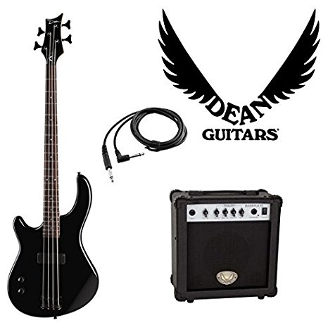 Dean Guitars Edge 09 Bass Classic Black Lefty Electric Bass Guitar Package with 15 Watt Amplifier and Guitar Cable
